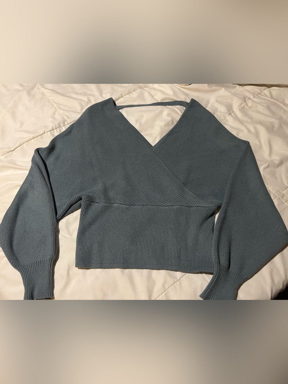 V-Neck Ribbed Wrap Pullover Sweater in Slate Blue